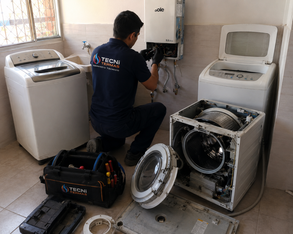 Reparando terma a gas y lavadora técnico de tecni terma.